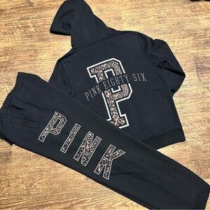 VS PINK Y2K VINTAGE LIKE NEW HOODIE & BOYFRIEND PANTS LEOPARD LOGO VIBRANT BLACK